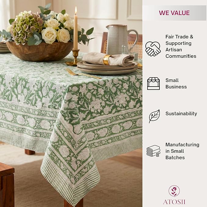 ATOSII Meraki Green 100% Cotton Rectangle Tablecloth, Hand Block Print Washable Table Cover, Dining, Christmas Parties, Outdoors, Weddings, Thanksgiving, Halloween, Fall Decor 60 X 90 Inches, 6 Seater