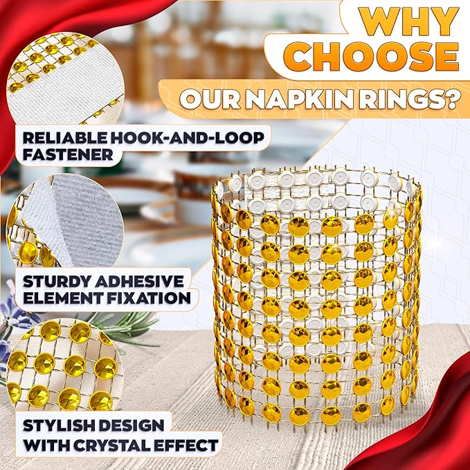 Set of 100 Gold Napkin Rings – Valentine Rhinestone Napkin Ring Holders for Weddings, Parties, Fall Events & Valentine Table Decorations | Durable & Reusable, Great as Elegant Kitchen Gifts for Hosts