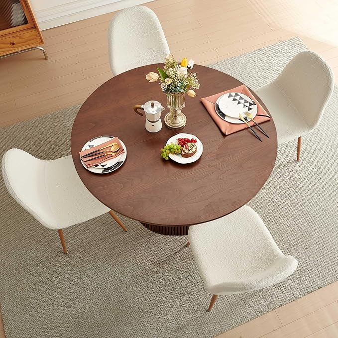 Dining Table Set for 4, Mid Century Modern 47 Inch Wooden Round Dining Table Set, Space Saving (Table + 4 White Chairs)