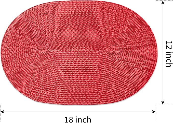 FunWheat Oval Braided Placemats Set of 4 Table Mats for Dining Tables Washable Heat Resistant Place Mats for Indoor Outdoor Use 12 x18 Inch(Oval Red, 4pcs)