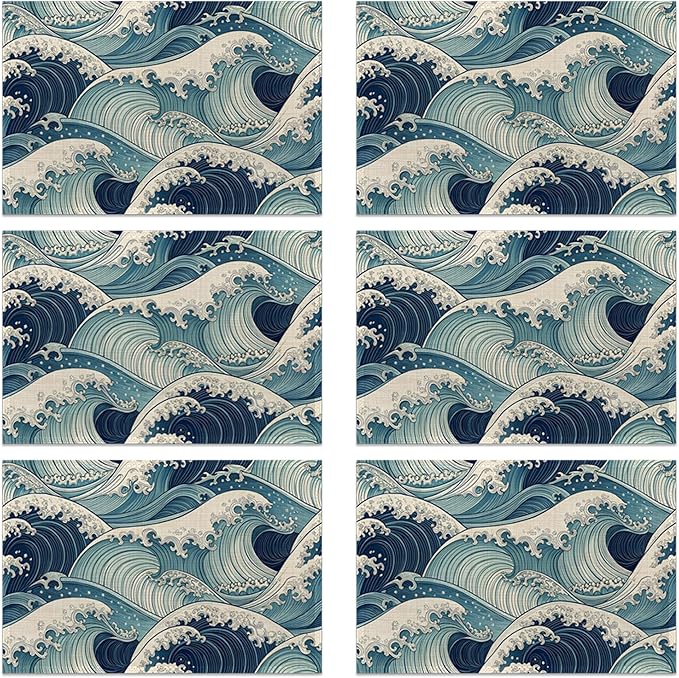 Table Placemats Set of 6, Waterproof Linen Fabric, Non-Slip Backing & Easy Clean, Elegant Dining Table Protectors for Family and Guests(Japanese Waves)