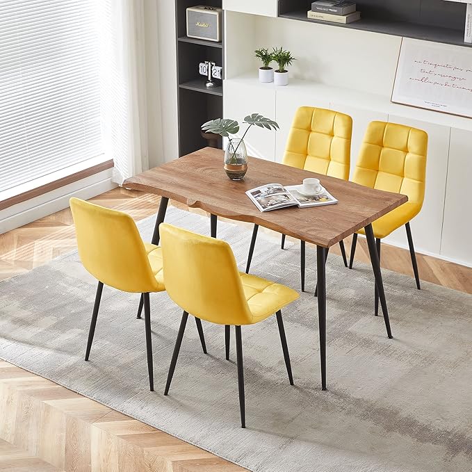 Rectangular Dining Table Set with Upholstered Chairs - Modern Kitchen Table and Chairs Set of 4 for Small Spaces - Yellow