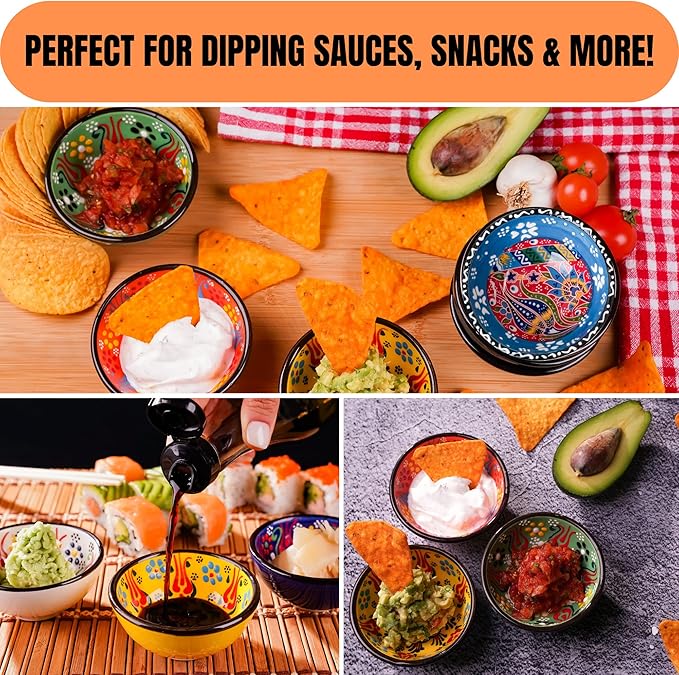 BCS Ceramic Pinch Bowls Set of 6, Small Bowls for Dipping - Cooking Prep & Charcuterie Board Bowls, Soy Sauce Dish, Handmade Multicolor Decorative Serving Dishes (3.2'' - 3 oz)