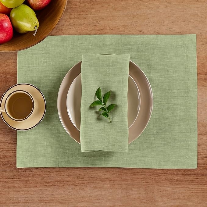 Solino Home Linen Cloth Placemats Set of 4-100% Pure Linen Chambray Olive Placemats 14 x 19 Inch for Spring, St Patricks Day - Athena