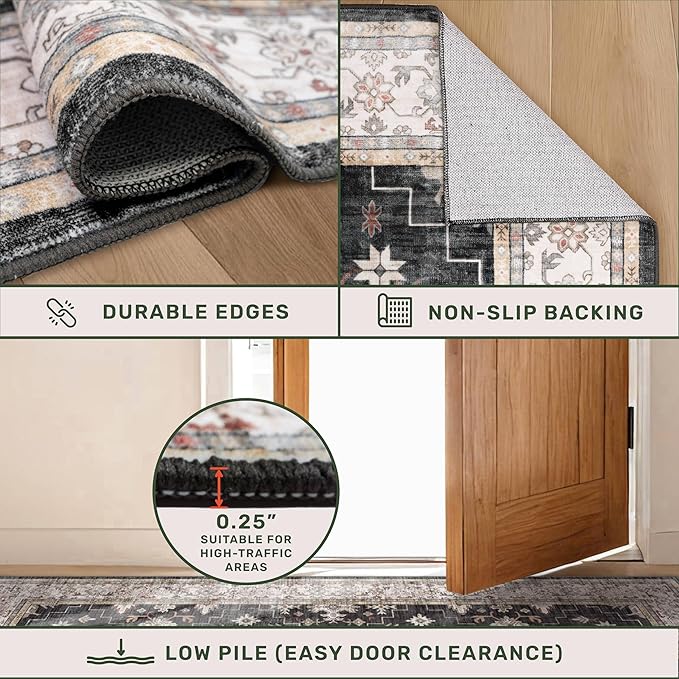 Dark Washable Long Runners for Hallways, 2'6"x8' Wide Kitchen Runner Rug, Entryway Indoor Rug, Non Slip Rubber Backing Boho Vintage Floor Decor, Ashen/Multi