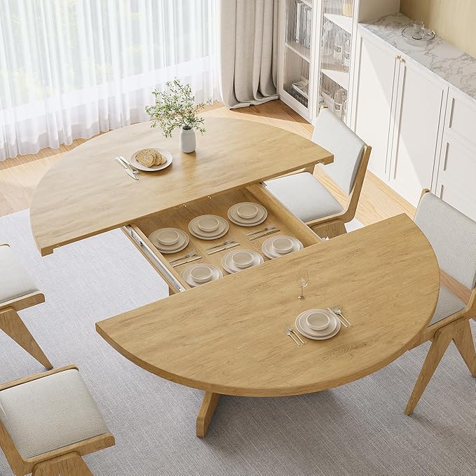 iPormis 59" Round Extendable Dining Table for 4-6, Modern Kitchen Table with Heavy Duty Pedestal Base & Wooden Top, Oval Dining Room Table for Dining Living Room, Easy Assembly, Oak