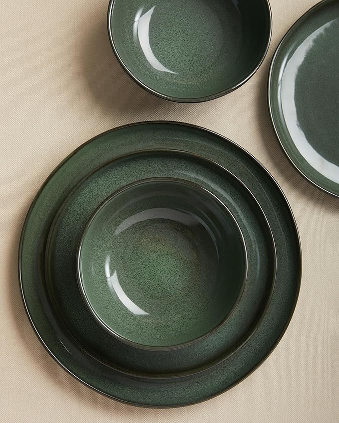 Plates and Bowls Sets for Family of 6, Ceramic Dinnerware Sets, Kitchen Dish Set, Microwave & Dishwasher Safe Dishware, Highly Durable Reactive Glazed Dinner Set, Forest Green