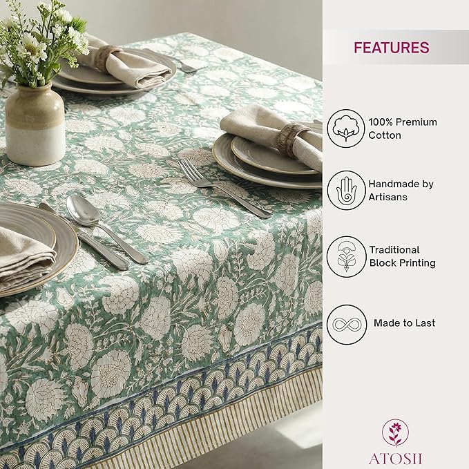 ATOSII Jade 100% Cotton Boho Square Summer Tablecloth, Block Print Floral Table Cloth Linen for Dining, Parties, Weddings, Outdoors Table Decor I 60 X 60 Inches I 4 Seater I