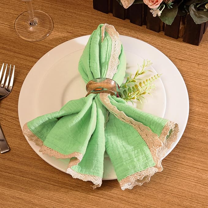 Fingercraft Dinner Cloth Napkin Cotton Muslin Double Gauze 8 Pack with Classic Lace for Everyday Use, Wedding, Party, Christmas, Easter Napkins Cloth are Pre Shrunk and Good Absorbency Lettuce Green