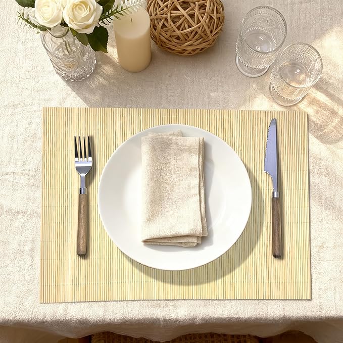 8-Pack Bamboo Placemats,Woven Heat-Resistant Rectangular Table Mats, Natural Rectangular Dining Place Mats, Rustic Japanese Style Plate Mats for Indoor Dining, Kitchen and Party Use, Beige