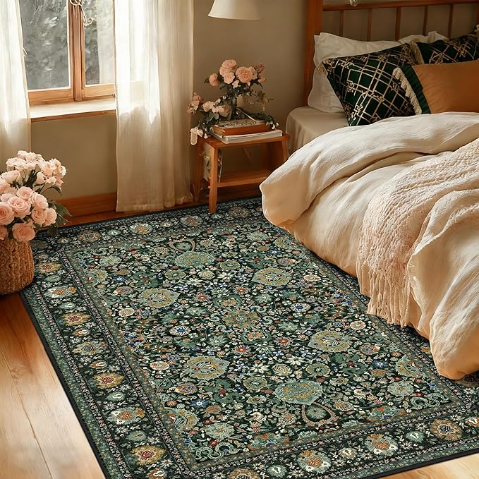 Dark Green Rug 3x5 Area Rug with Non-Slip Backing, Washable Rugs for Bedroom Living Room Kitchen, Distressed Carpet Printed Low-Pile Soft Dorm Rug Room Decor