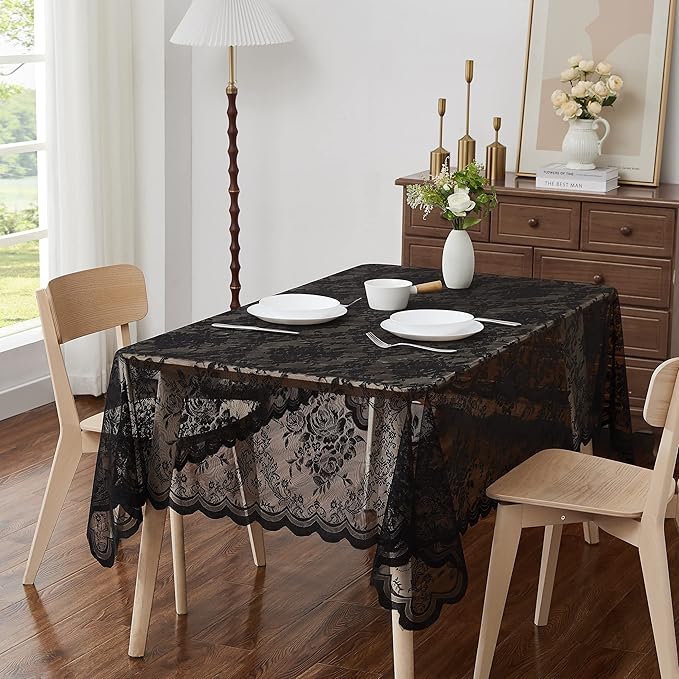 Warm Home Designs 70 x 70 Square Lace Tablecloth with English Rose Pattern. Use for Card or Dining Table. Black Tablecloth for 4-8 Guests. LTC Black 70