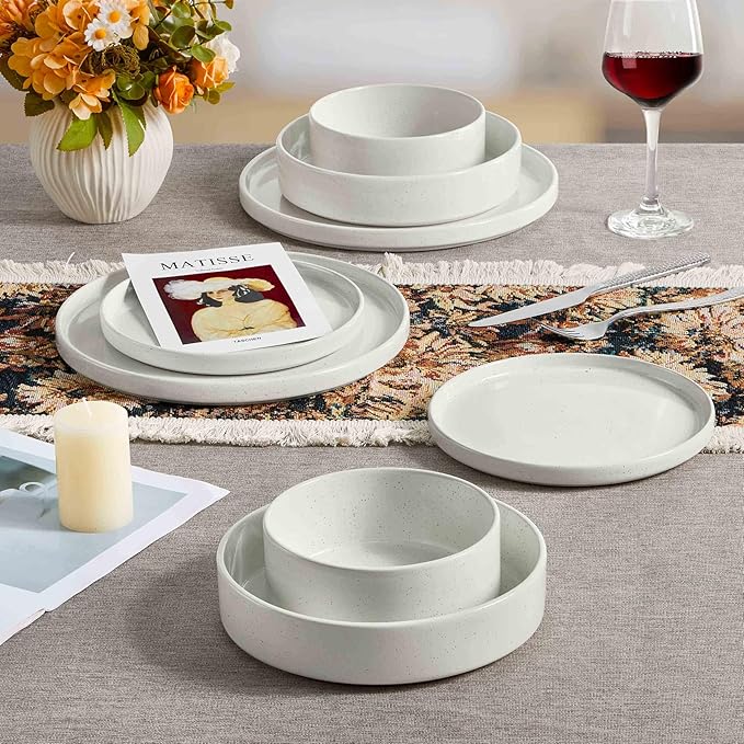 Herogo 24 Piece Dinnerware Sets with Pasta Bowls for 6, Dinner Salad Plates and Cereal Serving Bowls, Stoneware Dishes Dinner Ware for Kitchen Dining, Dishwasher & Microwave Safe, Speckled White