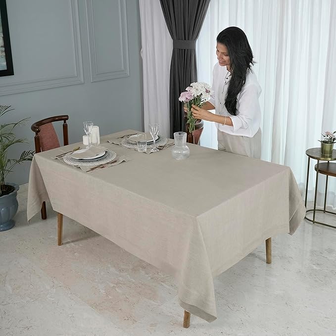 D'Moksha Homes Natural Linen Tablecloth 54 x 72 Inch - 100% Pure Linen Natural Table Cloth for Rectangle Tables - Classic Hemstitch, Machine Washable Tablecloth for Valentines, Spring, Easter