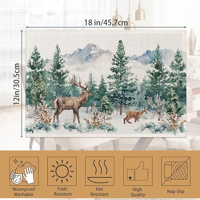 6 Pcs Placemats,Forest Mountain Placemats,Deer Trees Table Mats Washable Recyclable Table Placemat for Indoor Outdoor Heat Resistant Kitchen Dining 12"x18"