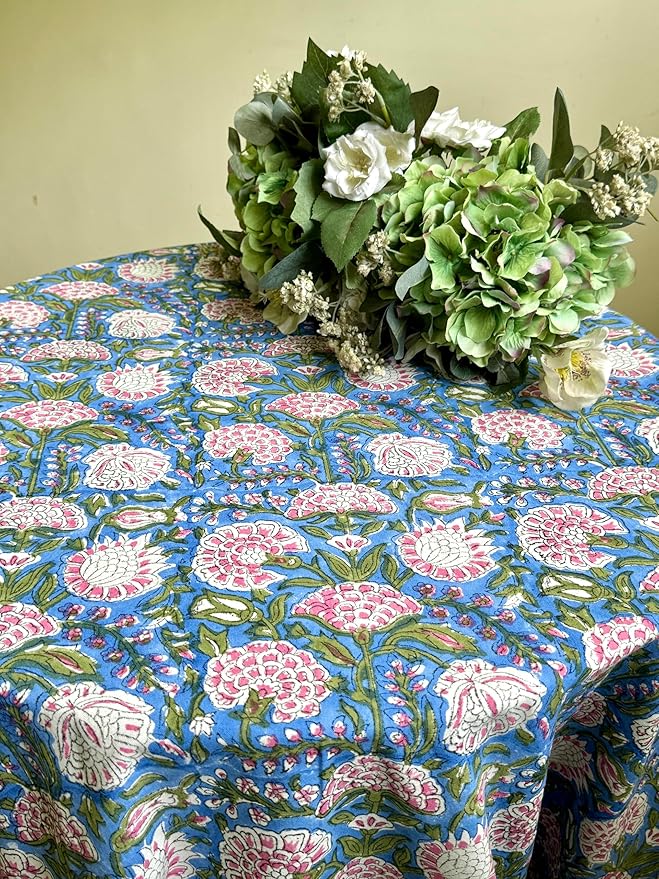 ATOSII Clover Pink 100% Cotton Round Tablecloth, Block Print Floral Table Cloth for Dining, Parties, Weddings, Outdoors, Holidays I 60" Inches, 4 Seater I Grandmillennial Farmhouse Spring Summer