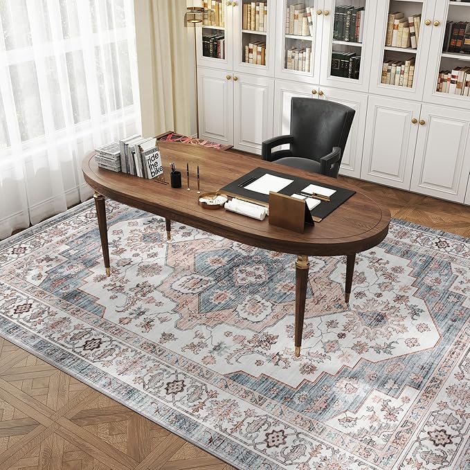 HOMCOM Washable Area Rug, 8'x10' Vintage Indoor Distressed Carpet, Retro Floor Cover Foldable, Floral Print Mat for Living Room, Bedroom, Dining Room, Brown and Light Blue