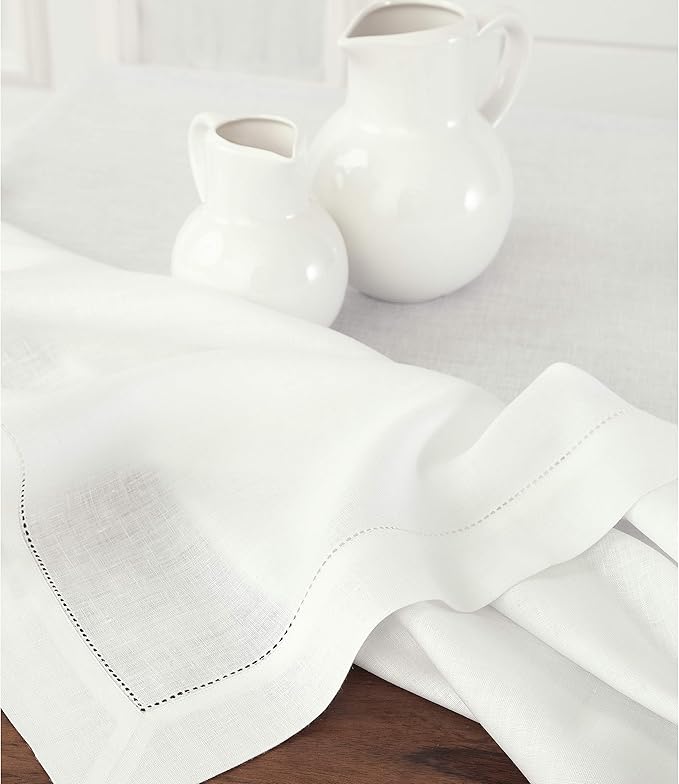 Solino Home White Linen Tablecloth 60 x 120 Inch - 100% Pure Linen Hemstitch Table Cloth for Rectangle Tables - Classic Hemstitch, Machine Washable Tablecloth for Winter, Valentines, Spring, Easter