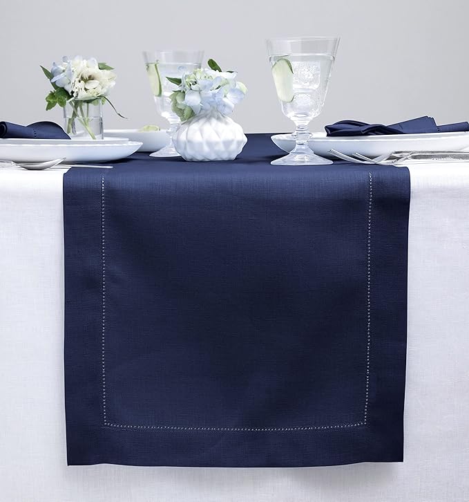 Solino Home Linen Navy Blue Table Runner 36 Inches - Classic Hemstitch, 100% Pure Linen Coffee Table Runner 14 x 36 Inch Ideal for Dresser Tables - Winter, Easter