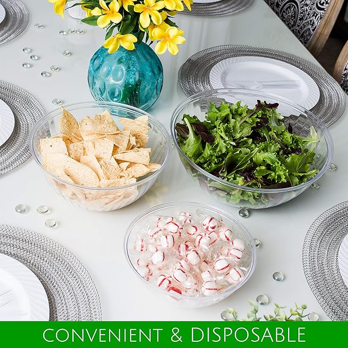 PLASTICPRO Disposable 150 Ounce Round Crystal Clear Plastic Serving Bowls for Snack or Chip ,Candy Dish, Party Salad Container Pack of 2