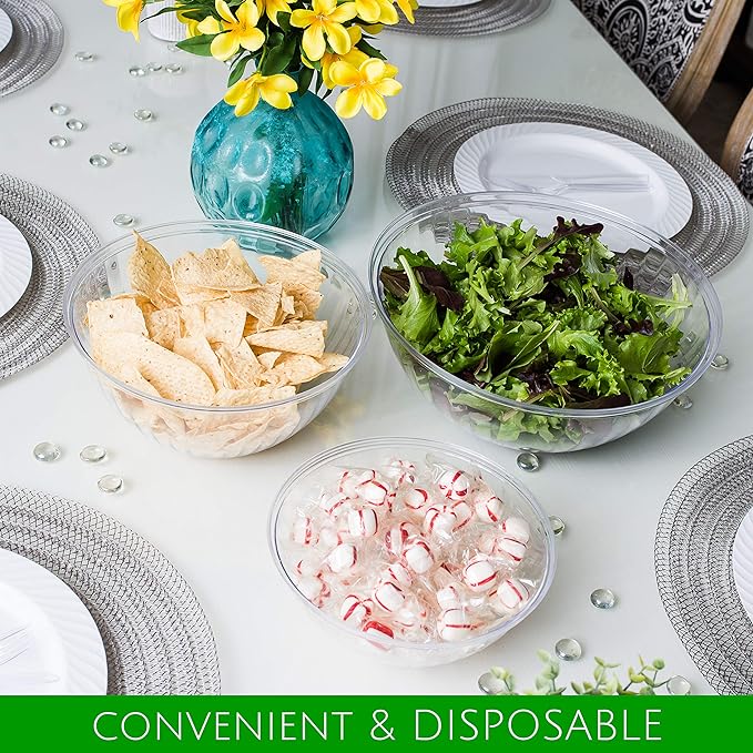 PLASTICPRO Disposable 150 Ounce Round Crystal Clear Plastic Serving Bowls, Party Snack or Salad Bowl, Chip Bowls, Snack Bowls, Candy Dish, Salad Container Pack of 8