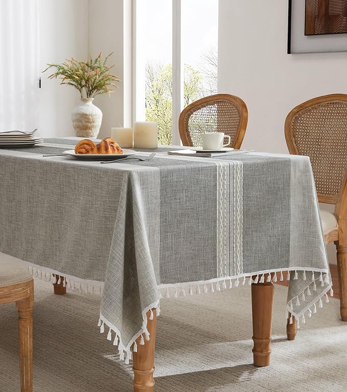 ZeeMart Contrast Linen Table Cloth Square Table Cloths 52x52 Inch Mid-Stripe Grey, Farmhouse Style Heavy Weight Grey Tablecloth, Water Resistant Burlap Tablecloths