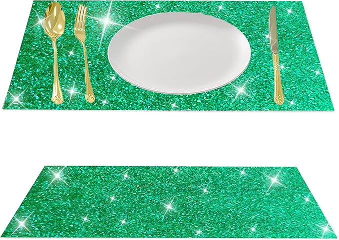Green Placemats Emerald Heat Resistant Mat Square Placemats Green Trivets Rhinestone Decor Place Mat Crushed Diamond Decor Bling Sparkly Mat Set of 2
