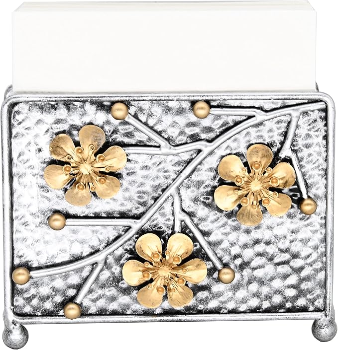 OwlGift Sakura Napkin Holder, Cherry Blossom Design Metal Freestanding Tissue Dispenser Organizer Iron Tabletop Paper Napkin Holder Stand for Home Kitchen Restaurant Picnic Party, Silver