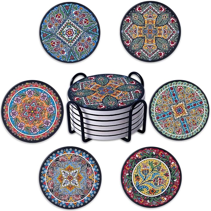 Coasters Absorbent Ceramic Coaster Drink Coasters with Cork Back Turkish Pattern Set of 6 Round Coaster Non Slip for Coffee Table Wine Glass Home Bar 4 Inch, Colorful