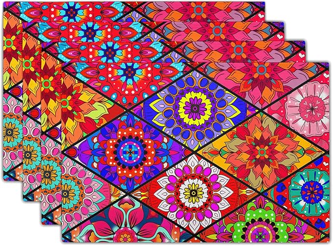 Boho Placemats Set of 4 - Bohemian Flowers Place Mats 12x18 Colorful Floral Table Mats Kitchen Mats for Party Dining Table