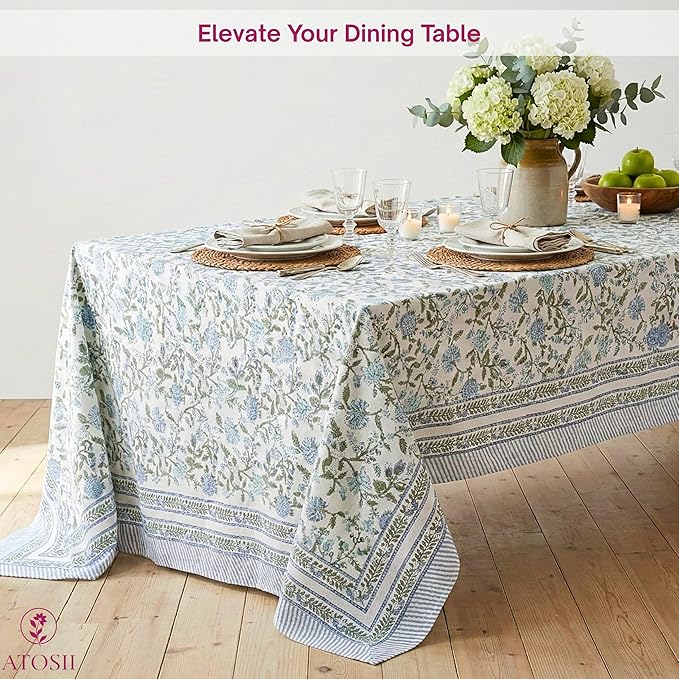 ATOSII Mahoka Blue 100% Cotton Rectangle Spring Tablecloth, Handblock Floral Linen Table Cloth for Kitchen Dining Table I Parties Weddings Outdoors Easter Home Decor 72 X 140 Inches I 12 Seater
