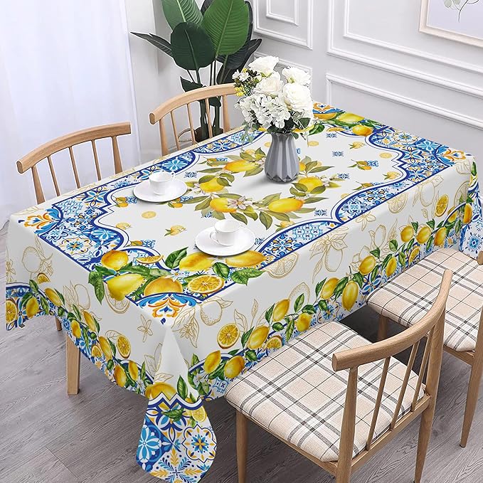 Lemon Tablecloth 60 x 84 Inch Rectangle, Yellow and Blue Mediterranean Summer Decor Tile Flower Pattern Table Cloth Italian Themed Decor for Party Oblong Table Cover for Dining Room