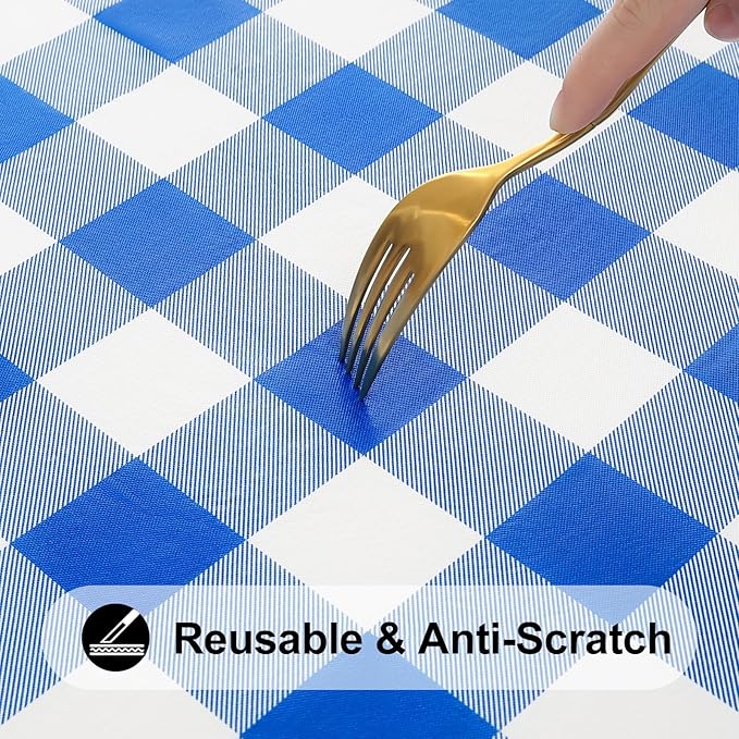 Smiry Rectangle Picnic Table Cloth, Elastic Waterproof Fitted Vinyl Tablecloths, Flannel Backed Buffalo Plaid Table Covers for Dining, Camping, Outdoor (White and Blue, 30" x 72")