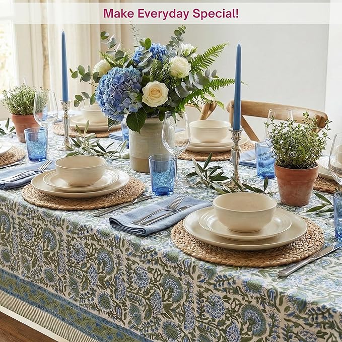ATOSII Clover Blue 100% Cotton Rectangle Spring Tablecloth, Handblock Floral Linen Table Cloth for Dining Table I Parties Outdoors Fall Christmas Thanksgiving Holidays Decor 72 X 140 Inches, 12 Seater