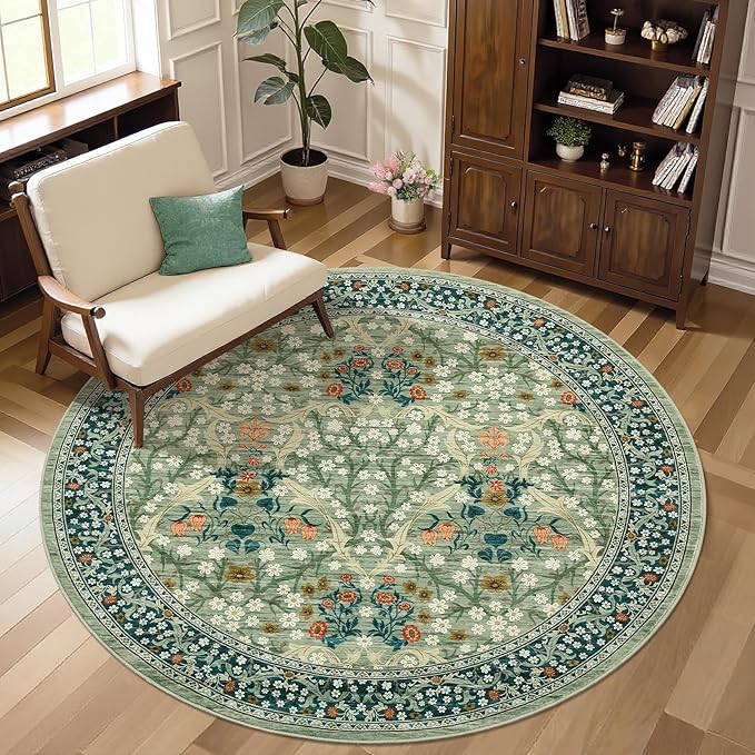 GarveeHome Sage Green Floral 6 ft Round Rug Washable Non-Slip Soft Low Pile Circle Carpet Vintage Rugs for Kitchen Bedroom Nursery Dining Living Room