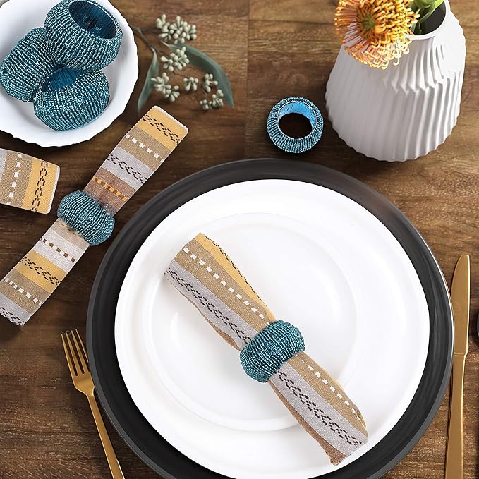 Teal Napkin Ring, Napkin Rings Set of 12, Beaded Napkin Holders, Fall Napkin Rings Bulk for Christmas Party Decoration, Dinning Table, Everyday, Family Gatherings - Set Your Table with Style - Teal