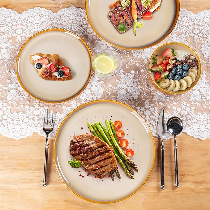 LeRatio Ceramic Dinnerware Sets for 4,Porcelain Plates and Bowls Sets, Reactive Glaze Dishes Set,Chip Resistant and Scratch Resistant | Oven&Dishwasher & Microwave Safe,Service for 4-Kahki &Black