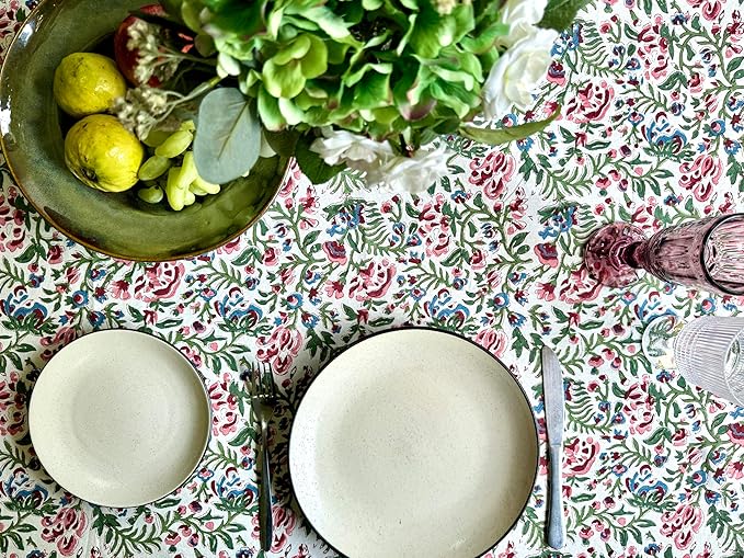 ATOSII Ambrosia 100% Cotton Square Boho Spring Summer Tablecloth, Handblock Floral Table Cloth Linen for Kitchen Dining Parties Wedding Outdoors Easter I 60 X 60 Inches I 4 Seater