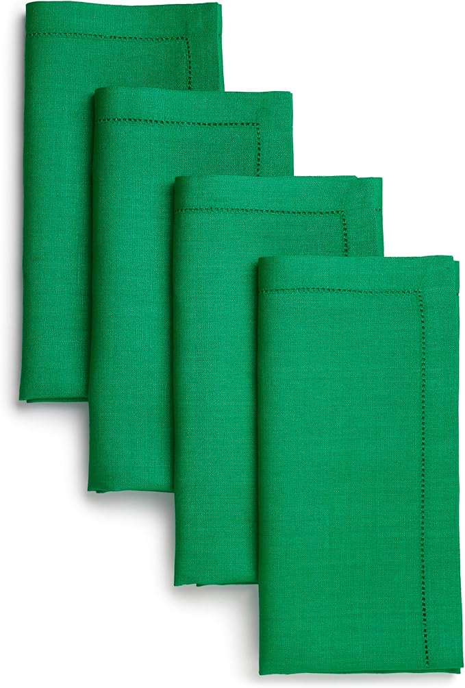D'Moksha Homes Kelly Green Linen Napkins Set of 4 - Classic Hemstitch 100% Pure Linen Hemstitch Dinner Napkins 20 x 20 Inch for St Patricks Day, Easter - Handcrafted and Machine Washable