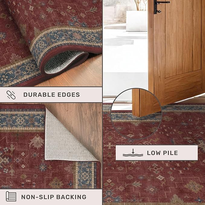 5x7 Boho Dark Red Rug for Living Room - Vintage Oriental Revival Low-Pile Carpet for Bedroom, Dining Table, Home Office, Machine Washable Area Rug Non-Slip with Rubber Back