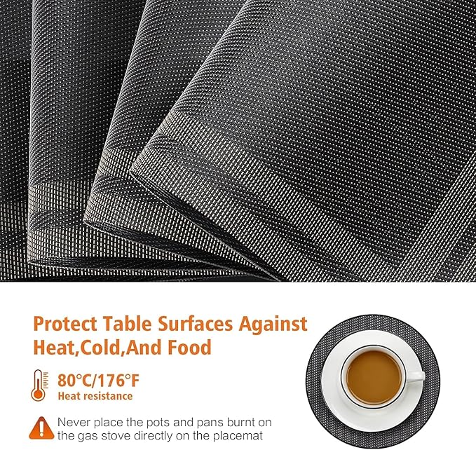 Placemats Set of 6,Washable,Heat and Stain Resistant Indoor/Outdoor Place mats,Vinyl Woven Non Slip Table Mats for Restaurant Table Protection,PVC Placemats(Black Gold,6PCS)
