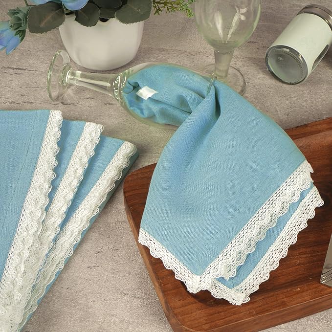 FINGERCRAFT Dinner Cloth Napkin Cotton Linen Blend 4 Pack Mitered Corners with Elegant Lace for Everyday Use Napkins are Pre Shrunk and Good Absorbency Sky Blue