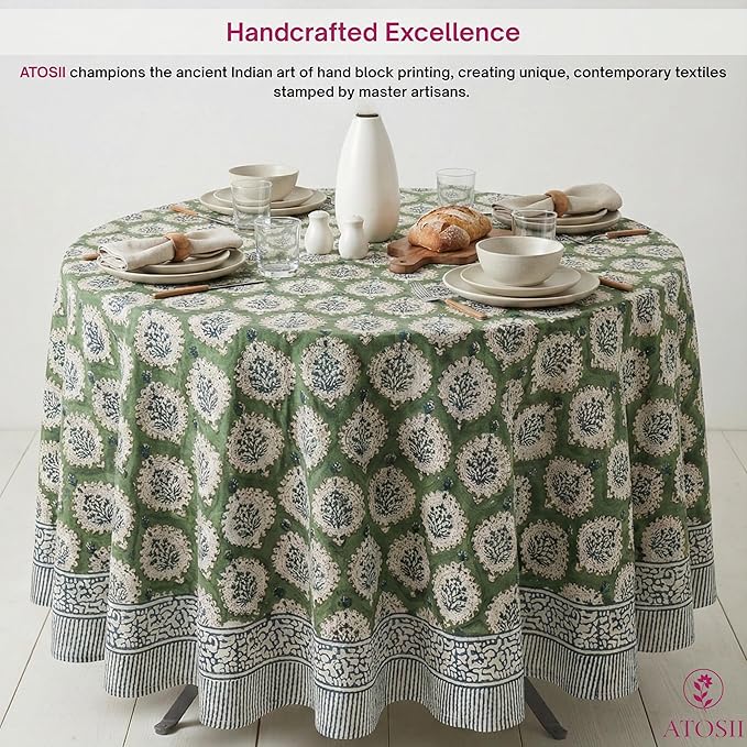 ATOSII Kari Green 100% Cotton Round Boho Spring Summer Tablecloth, Block Print Floral Table Cloth Linen for Dining, Parties, Weddings, OutdoorsI Home Table Decor 72" Inches Round