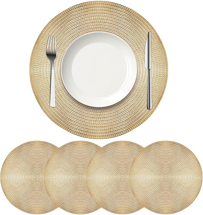 Set of 4 PVC Gold Textured Round Placemats Dinning Kitchen Table Mats Decorations Setting for Christmas Wedding Thanksgiving Party Event Holiday Autumn Harvest 15 Inch