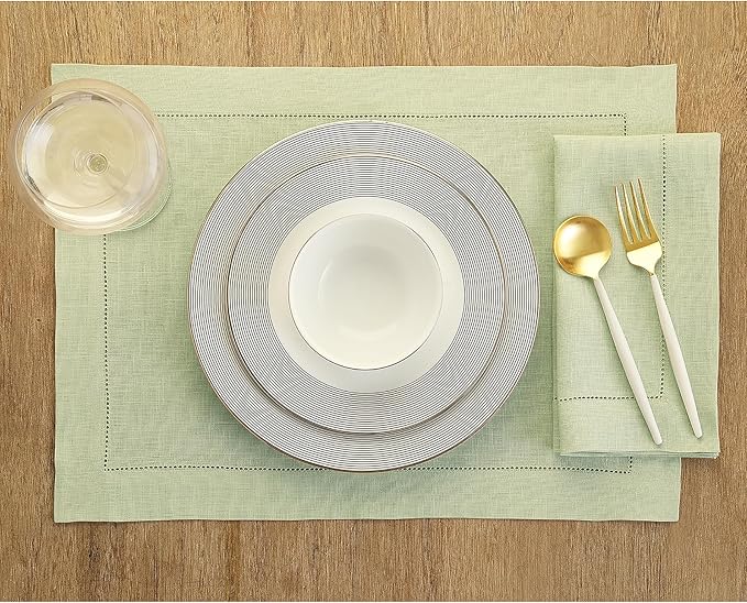 Solino Home Linen Napkins Set of 4 - Classic Hemstitch 100% Pure Linen Sage Green Dinner Napkins Cloth 20 x 20 Inch for Winter, Spring, Easter, St Patricks Day - Handcrafted and Machine Washable