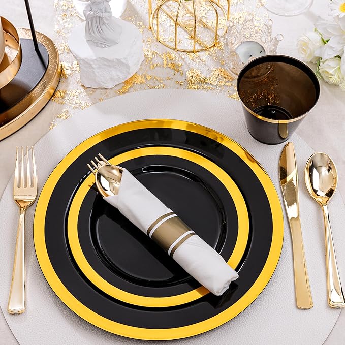 YOUBET 350PCS Black and Gold Plastic Plates - Gold Disposable Dinnerware Sets for 50 Guests - 100 Plastic Plates, 150 Gold Silverware, 50 Cups, 50 Pre Rolled Napkins for Party & Wedding