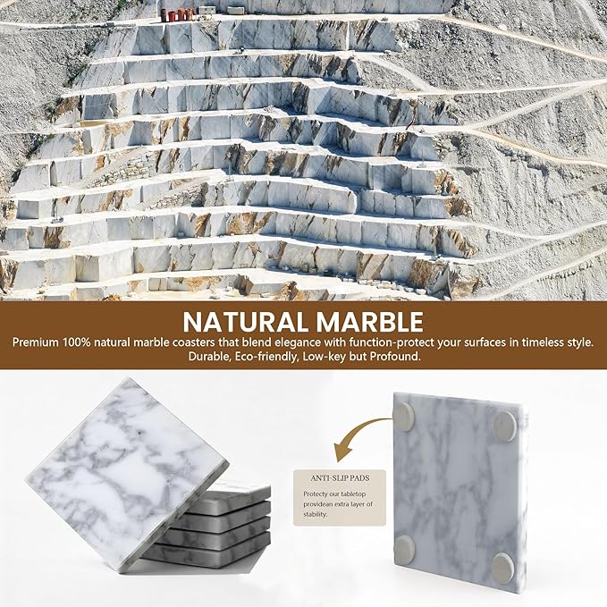 Natural Marble Coasters, Square Costers, Luxury Aesthetic Modern Decor for Coffee Table Bar Kitchen Home, White Marble, Real Natural Semi Absorbent Stone Coasters