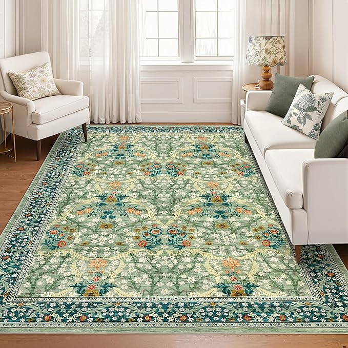 GarveeHome 8x10 Area Rugs, Washable Rugs for Living Room Non Slip Stain Resistant Ultra Soft Floral Rug, Boho Carpet Floor Mat for Bedroom Dining Room Nursery Playroom Office, Sage Green