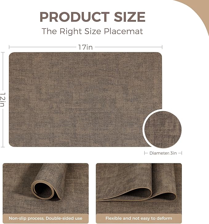 Vinyl Placemats Set of 6, Faux Leather Waterproof and Heat Resistant Place Mats, Washable Anti-Slip Table Mats with Coaster, Wipeable Placemats for Indoor & Outdoor 17" x 12" (Dark Coffee, Set of 6)