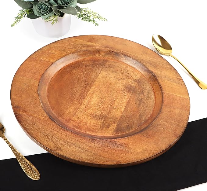 Alpha Living Home Wood Charger Plate Set of 2 - Round Serving Platters Rustic Chargers for Home Décor Charcuterie Appetizer & Dining - Hardwood Platter Handcrafted Versatile Durable 13 inch (Brown)
